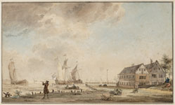 'De herberg Zeeburg aan het IJ'; man tuurt met kijker in de verte, waar Pampus en Durgerdam liggen. Tekening van Reinier Vinkeles, 1762 'De herberg Zeeburg aan het IJ'; man tuurt met kijker in de verte, waar Pampus en Durgerdam liggen. Tekening van Reinier Vinkeles, 1762